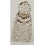 Small Edwardian Cut Crystal Perfume Bottle, With Hallmarked Silver Collar.