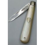 Vintage Silver Bladed Fruit Knife with Mother of Pearl Handle and Having a Blank Silver Shield