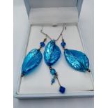 Stone Set Earring and Pendant Set. Having Turquoise Leaf Form with Silver Markings of 925, Chain