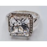 Silver Ring with Large Square Swarovski Zirconia to Top Mount Having Pierced Filigree Work to