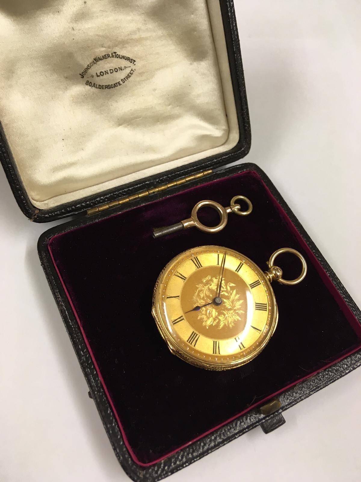 Antique 18k solid gold Pocket watch with key and box, 38mm diameter