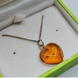 Silver Mounted Heart Shaped Amber Pendant on a Silver Chain. Chain 45cm Approx, Stamped 925 Silver.