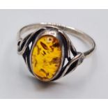 Silver Ring with Oval Amber Stone to Top. 925 Silver. Size P/Q.