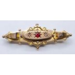 Victorian 9ct gold ruby and diamonds bar brooch, weight 3.2g