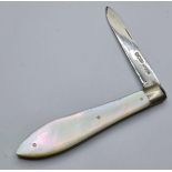 Vintage silver bladed fruit knife having mother of pearl handle and clear hallmark for Sheffield.