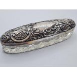 Vintage Cut Glass and Silver Dressing Table Trinket Box. Having a long oval for with embossed