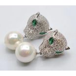 Silver Cartier Style Earrings with Tigers Head and Pearl Drops 8.6g