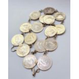 Vintage silver coin bracelet, having twin rows of South African 3 coins dated 1930?s & 1940?s. 16
