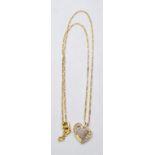 18ct gold heart pendant with encrusted diamonds on 42cm 18ct necklace, weight 3.5g