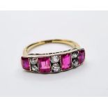 Antique 18ct Gold Ring with Diamonds and Pink Ruby's, 3.5g, Size R.