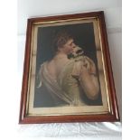 Large picture/print of Victorian girl with puppy set in a n antique oak frame, 58x65cm