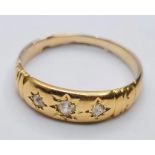 Antique Yellow Metal (Tests as 9ct) 3 Stone Gypsy Ring with 3 Small Diamonds, 2.6g, Size O/P