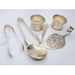Two H/M Silver Napkin Rings, Exeter Cathedral Souvenir Spoon, Pierced Floral Slice, Sugar Tongs