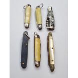6x Small Penknifes. One in the shape of a bottle. A/F.