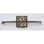 9ct gold bar brooch with 18ct gold and diamond initial M, weight 3.3g and 5cm long approx