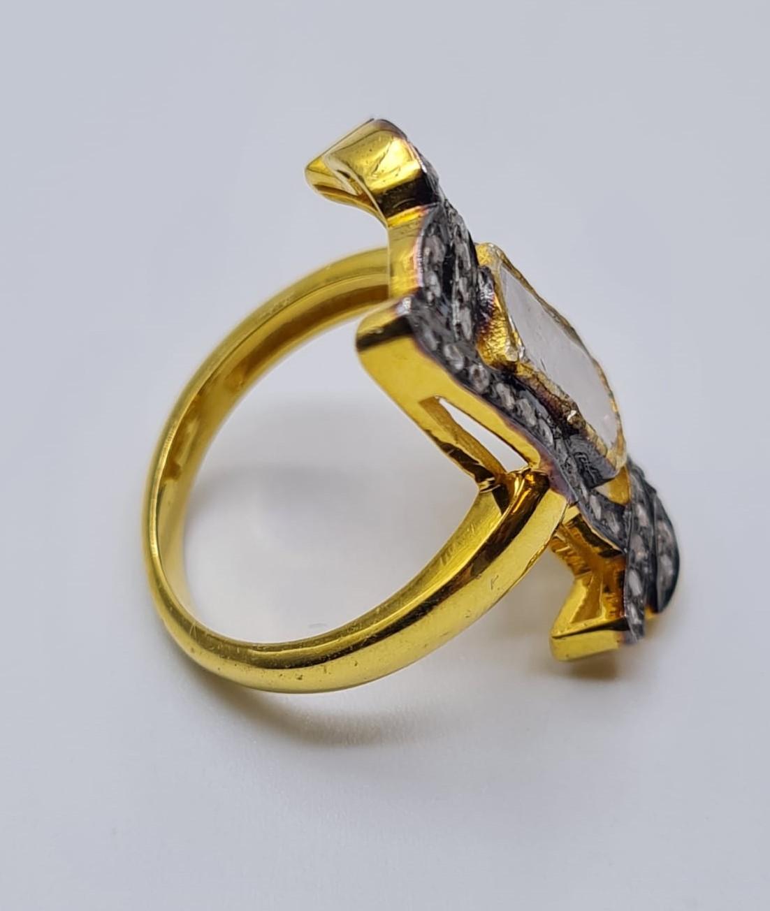 An antique yellow and white metal (untested) ring with a central rough (uncut) natural diamond ( - Image 5 of 6