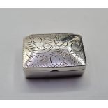 Vintage silver pill box. Small size with decorated hinged lid. Rectangular form. Dainty piece at