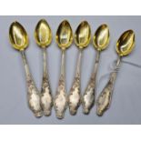 Six Latvian/Russian H/M Silver Teaspoons with Floral Detail & Silver Gilt Bowls. Marked 875 MM4.