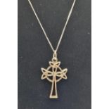 Silver Celtic cross and chain Rennie Mackintosh type design, boxed. Chain 40cm & cross 3cm, marked