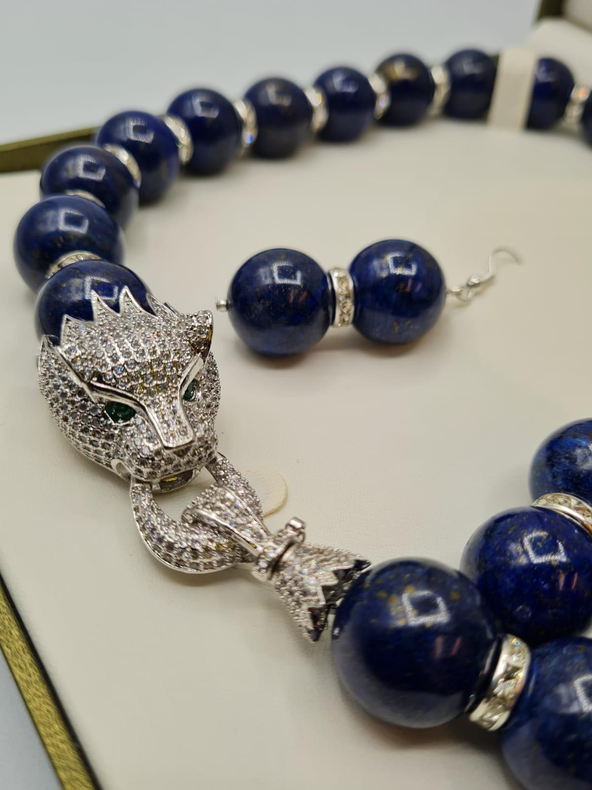 A large beaded lapis lazuli necklace and earrings set in presentation box.The white metal (untested) - Image 2 of 5