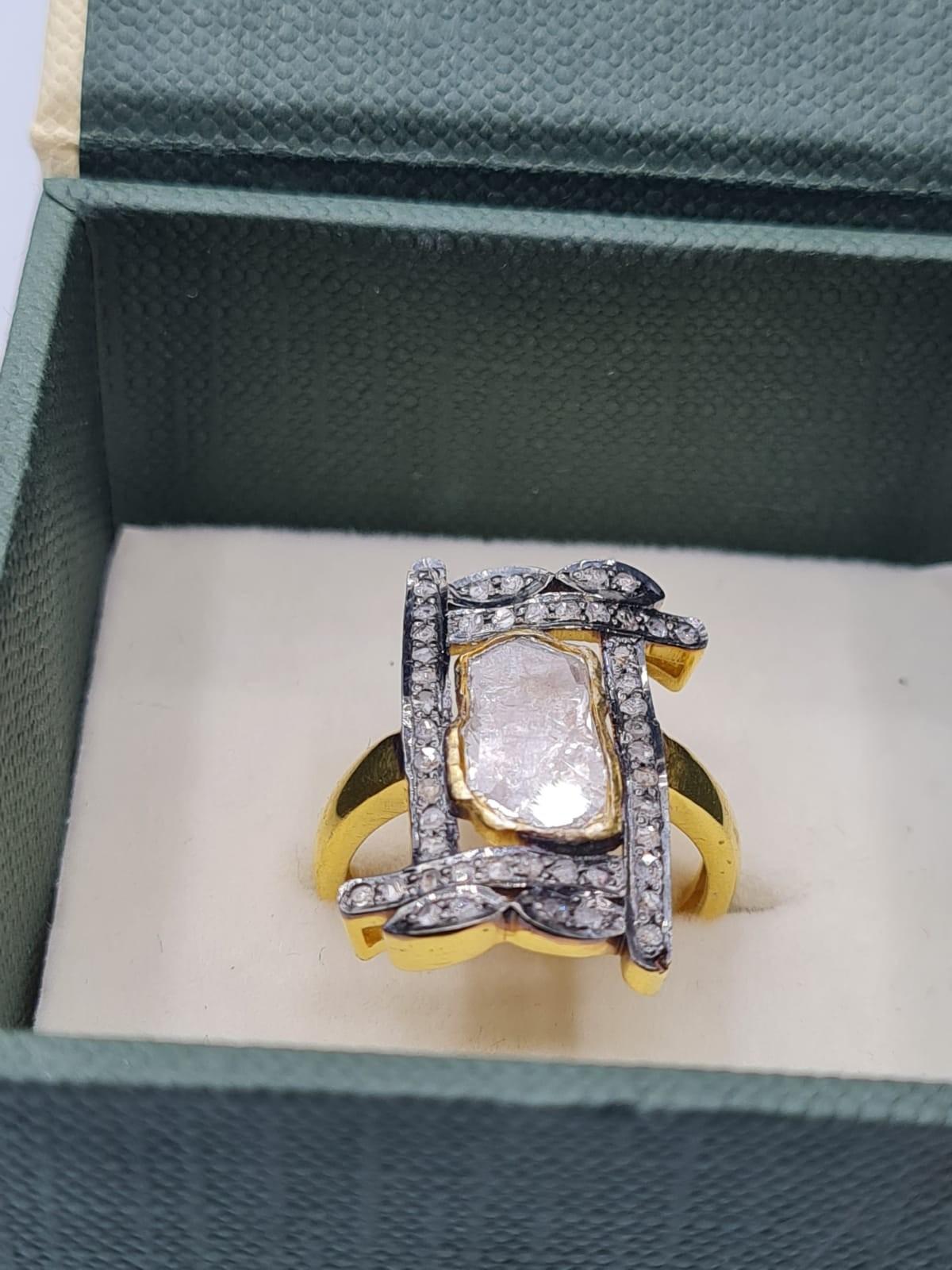 An antique yellow and white metal (untested) ring with a central rough (uncut) natural diamond ( - Image 3 of 6