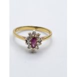 9CT Y/G DIA AND RED STONE RING 1.4G, SIZE G