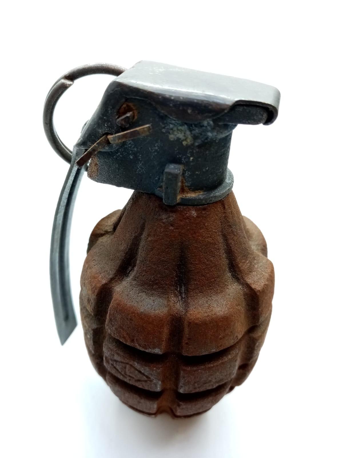 INERT WW2 US Pineapple Grenade with sprung INERT metal dummy Fuze. Nice markings on body. A small - Image 2 of 2