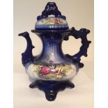 Staffordshire Teapot in Royal Blue, having illustration to both sides of pot and lid, clear markings