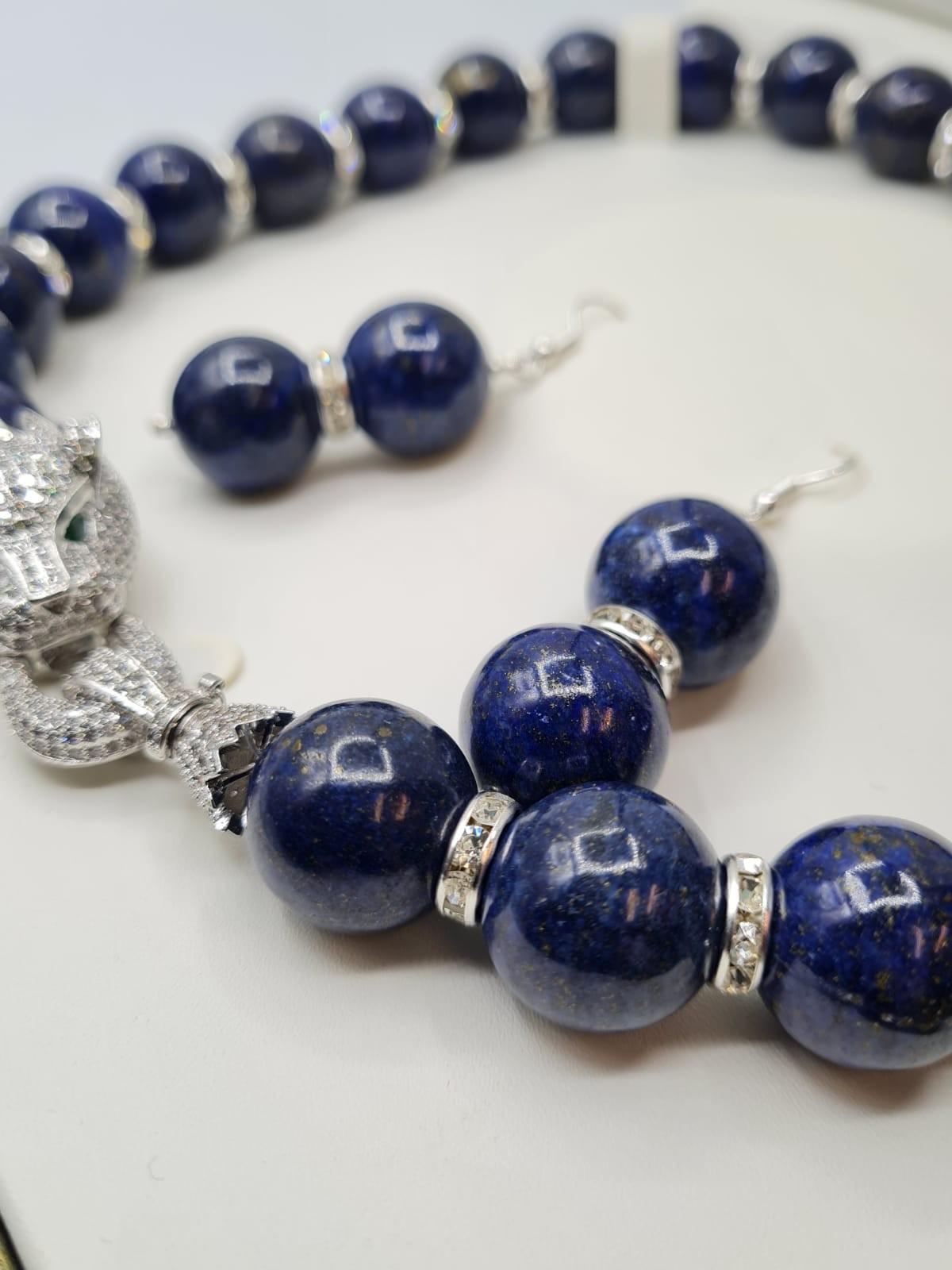 A large beaded lapis lazuli necklace and earrings set in presentation box.The white metal (untested) - Image 4 of 5