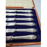 Vintage set of 6 silver handled fruit knives in original red leather case. Each knife clearly