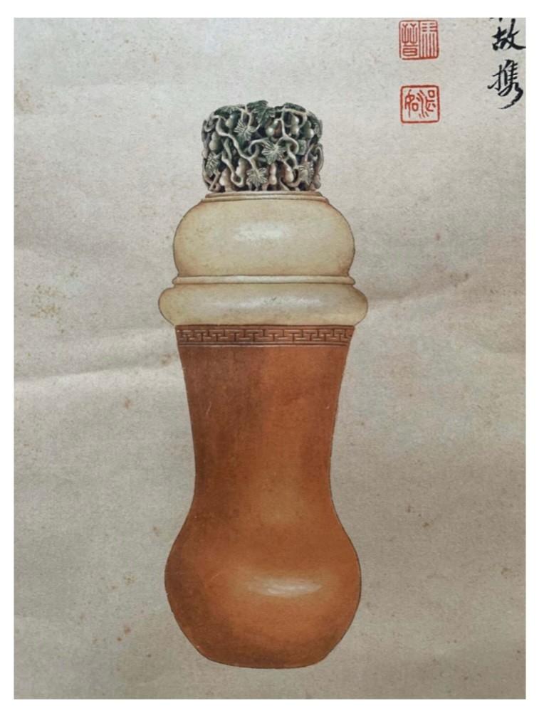 Ivory carved cricket jar with gourd vine pattern Chinese ink and watercolour on paper; Attribute - Image 2 of 4