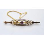 Victorian Bar Brooch with Seed Pearl and Central Amethyst 2.8g 5cm wide