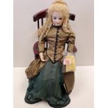 Patrica Collins Finely Costumed Porcelain Limbed Doll Seated in a Windsor Chair. Height Approx 47cm.