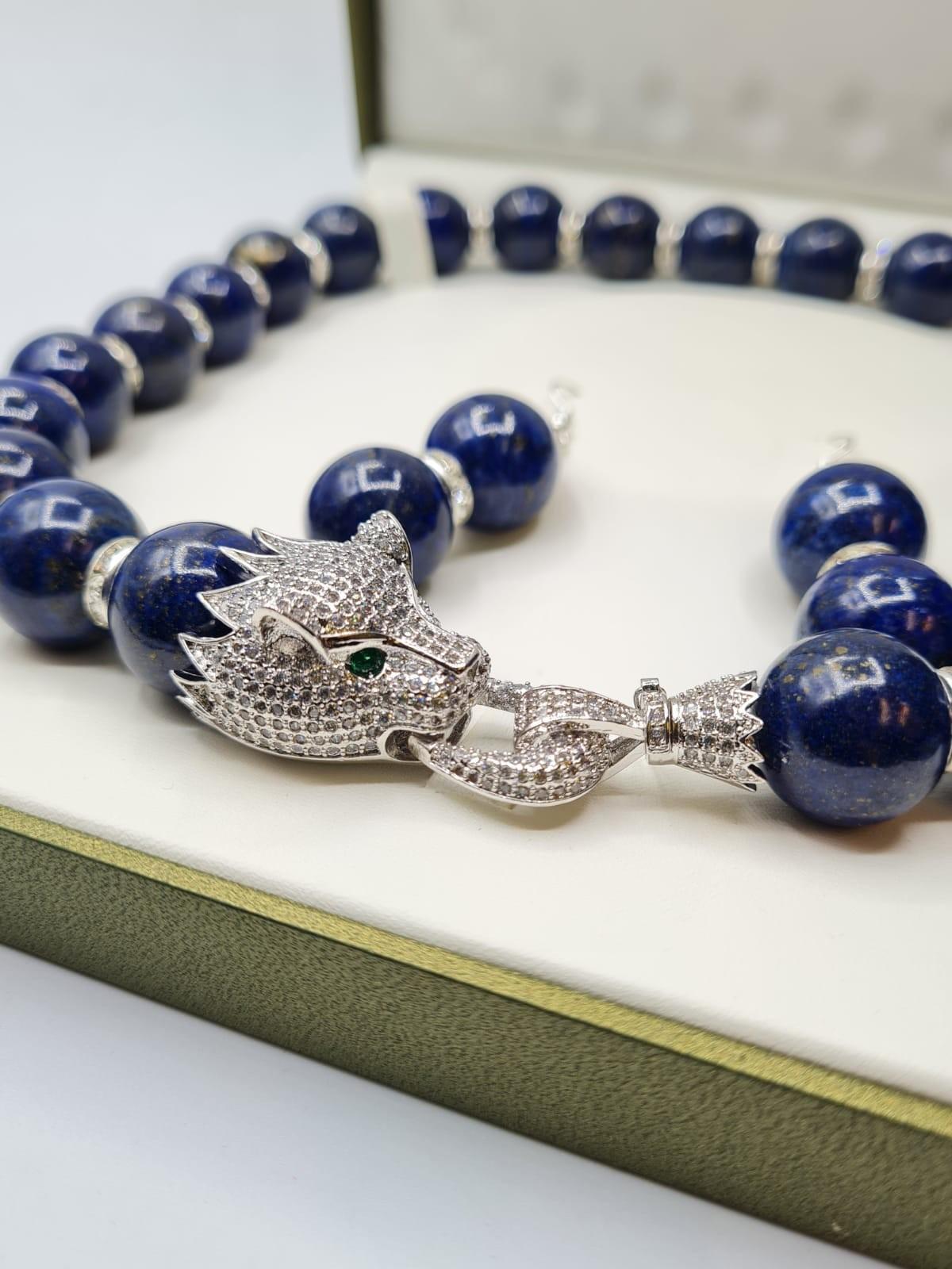 A large beaded lapis lazuli necklace and earrings set in presentation box.The white metal (untested) - Image 3 of 5