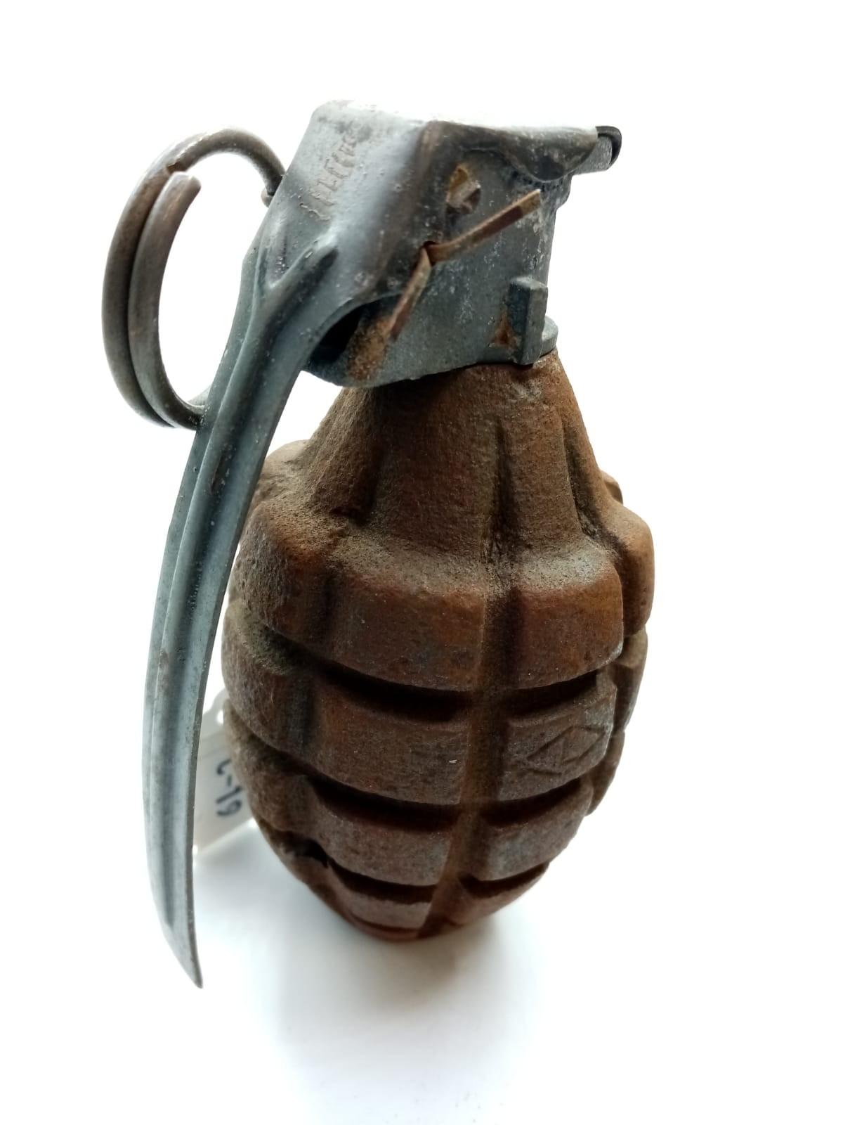 INERT WW2 US Pineapple Grenade with sprung INERT metal dummy Fuze. Nice markings on body. A small