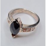 Silver Ring with Boat Shaped Dark Faceted Stone to Mount. Clear Stones on Both Shoulders, Size M
