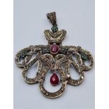Silver & Gold Vintage Diamonds Pendant with 2 Ruby?s and Small Emeralds.