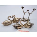 A Pair Miajiature 900 Silver Swans And Miniature 900 Silver Candelabra. Gross Weight 110g