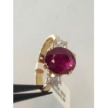 18k yellow gold ring with 2.75ct ruby and 0.60cts diamonds; 4.5G size N