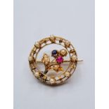 18ct Rose Gold Brooch in Circular Form with Seed Pearls Sapphire & Ruby 4.8g