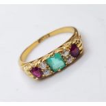 Antique 18ct Emerald, Ruby and Diamonds Ring 3.2g Size N