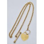 9ct Gold Watch Chain with T-Bar and Heart, 5.1g, 40cms.