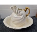 Royal Worcester shell sjape water jug and bowl set with gilt handle and pearlized finish