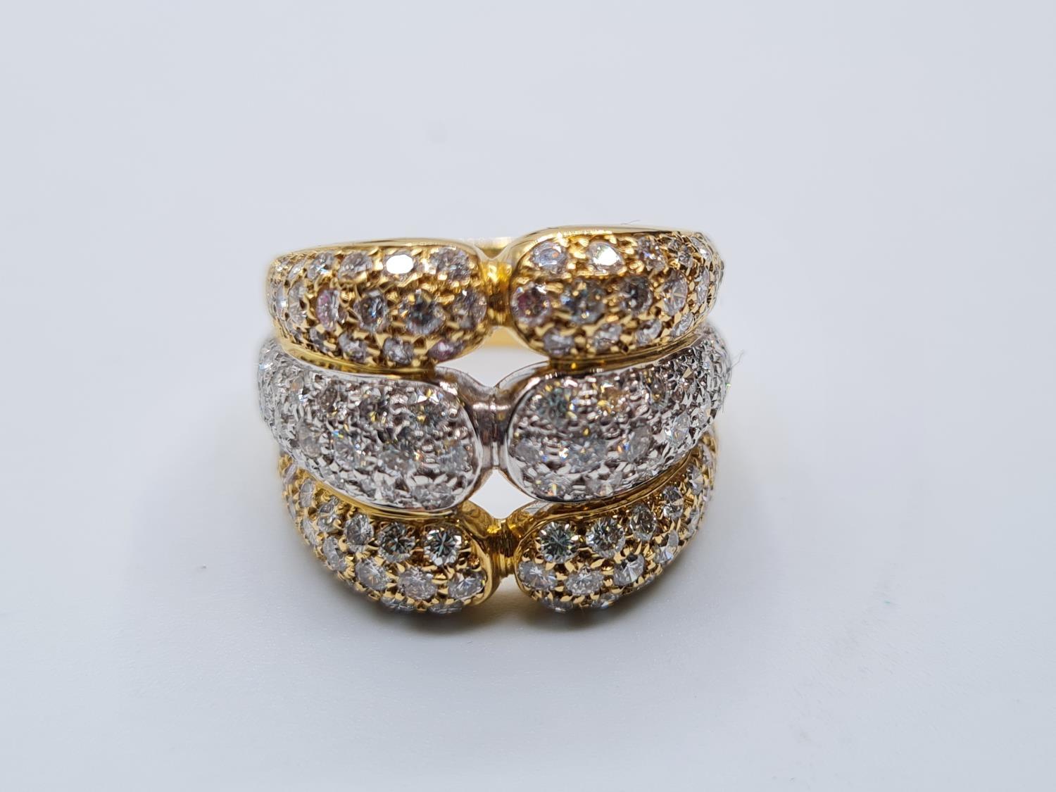 18CT Y/GOLD 3 ROW DIAMOND SET RING 15.2G 1.80CT APPROX, SIZE P