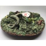Palissy Wall Plate with Snake and Lizard. Restoration to lizards head. Impressed Marks Caldas