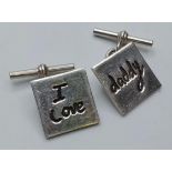 Pair of Square Silver Cufflinks with 'I Love Daddy? Spelt Out. Made by the Silver Studio with Date