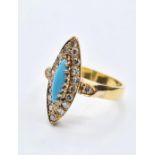 Vintage 18ct Boat Shaped Turquoise And Diamond Ring 4.8g Size P