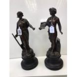 Pair of French Bronze Patinated Spelter Classical Figures, 45cm High. On Ebonised Wooden Bases.