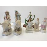Eight Figurines, Parian Ware, Bisque & a Modern Art Deco Style Flapper. Various damages A/F