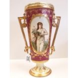 Royal Vienna twin handled urn/vase with three quarter length portrait of a lady in classical robes